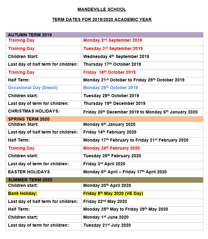 Mandeville School Term Dates